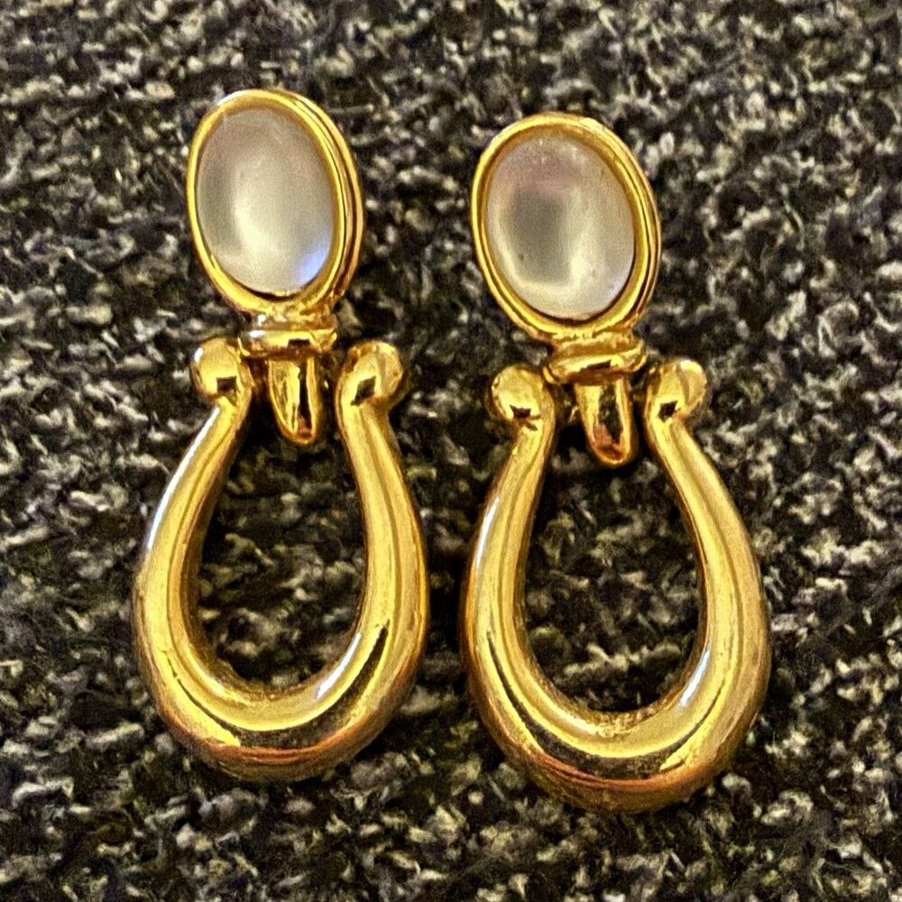 Vintage 80s Paolo Gucci Signed Gold Tone door knocker Dangle Drop Stud Earrings